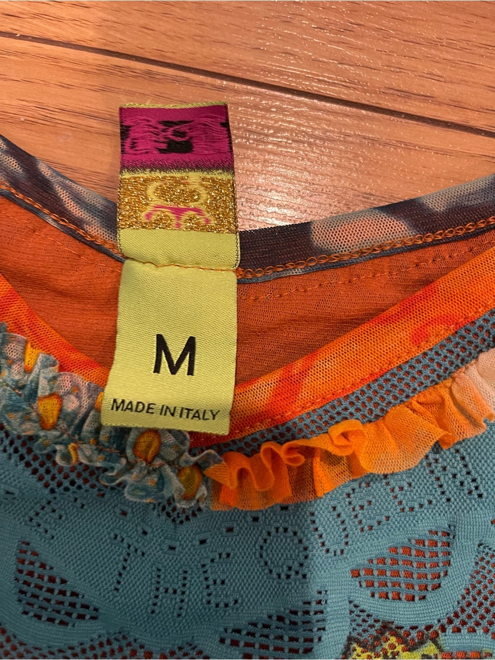 Save The Queen Y2K Turquoise Floral Mesh sleeveless Cami with Orange Trim medium - Picture 10 of 11